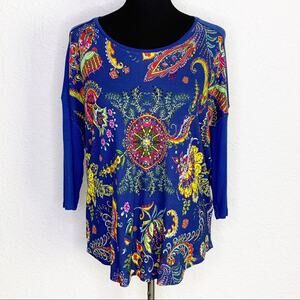 Desigual royal blue floral beaded studded ribbed knit top NWT size Medium